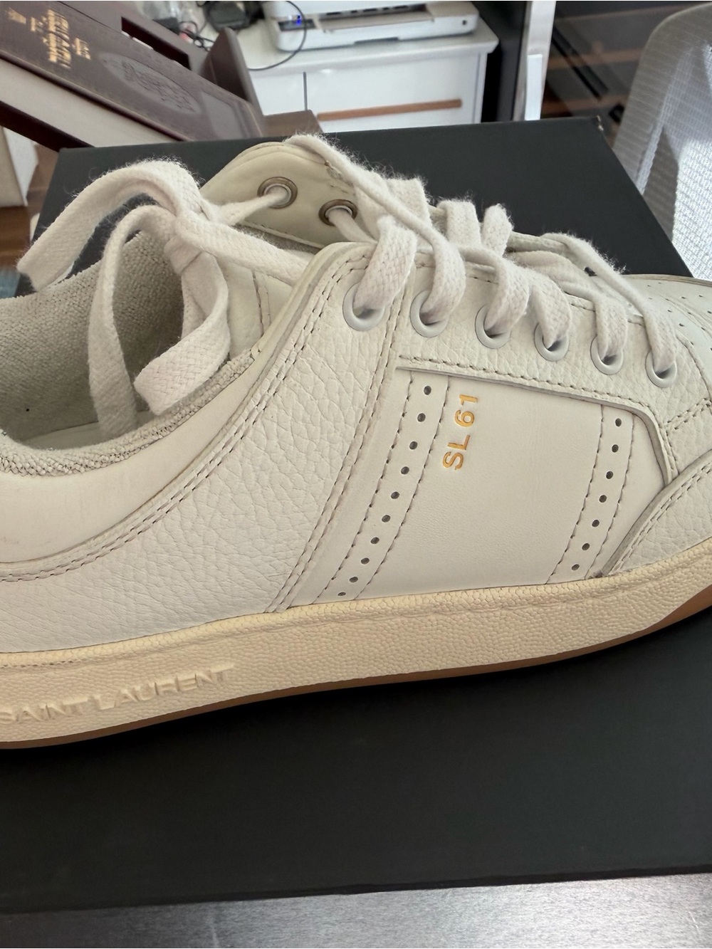 Saint Laurent White Leather SL/01 Low-Top Sneaker with Gold Accent